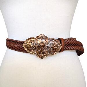 Vintage Leather Belt‎ Braided Belt Metal Cherub Buckle 1995